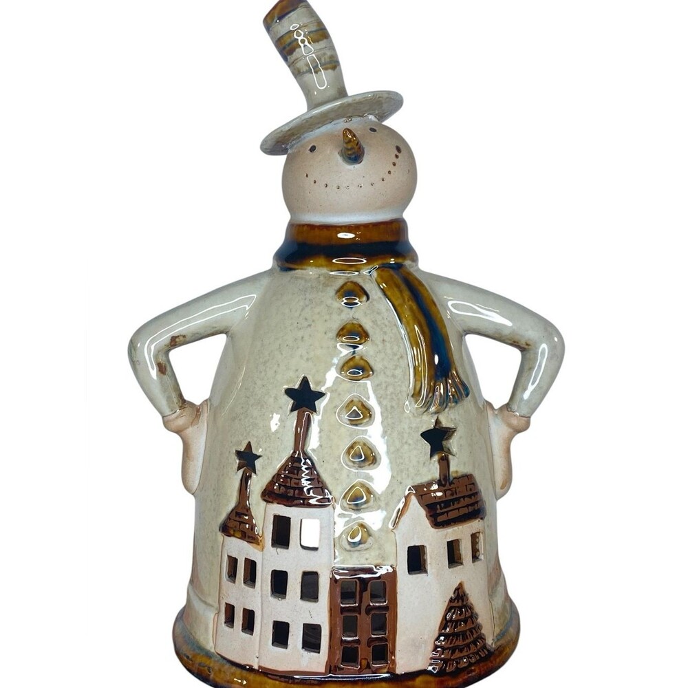Rustic Snowman Tea Light Candle Holder Ceramic Hoilday Decor Star Cutouts